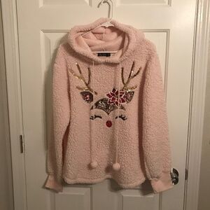 Christmas Third Wish Sherpa Sequin Reindeer Pom Pom Hoodie Size XL Pink
